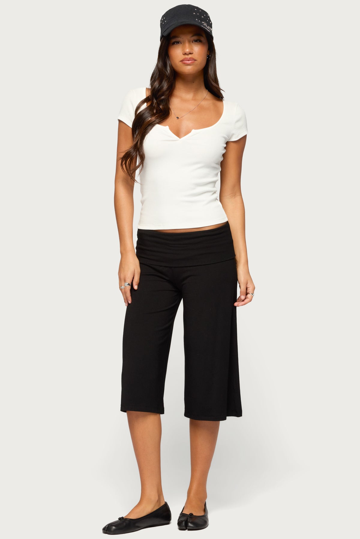 Shirly Wide Leg Foldover Capri Pants - BLACK
