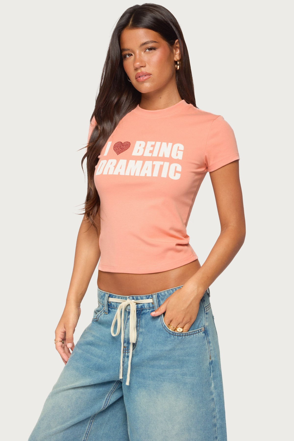 Drama Queen Rhinestone T Shirt - ORANGE