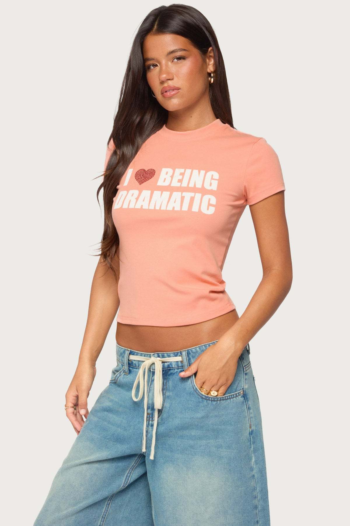 Drama Queen Rhinestone T Shirt - ORANGE