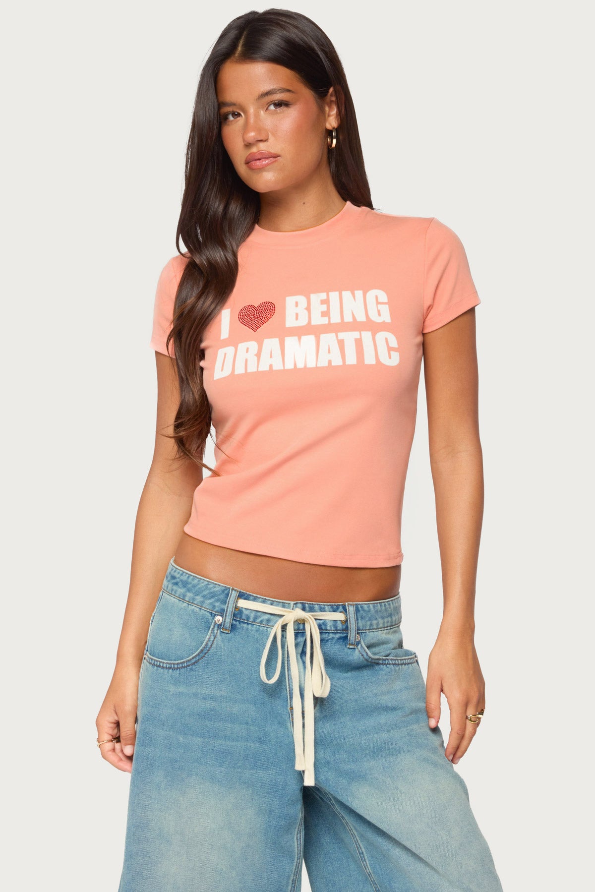 Drama Queen Rhinestone T Shirt - ORANGE