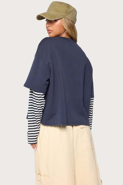 Nacie Layered Stripey Long Sleeve T Shirt - NAVY