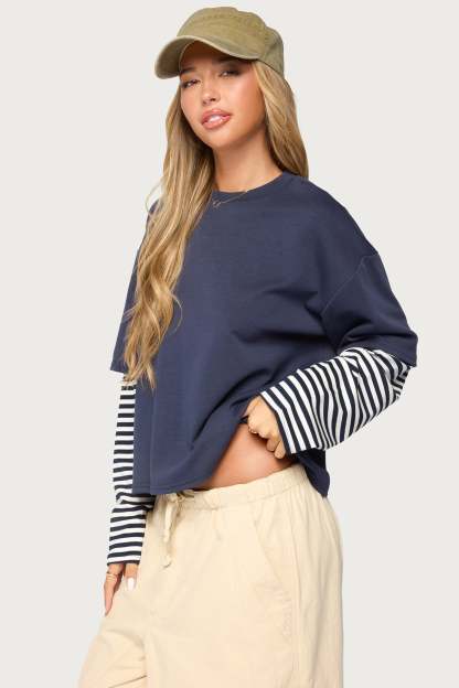 Nacie Layered Stripey Long Sleeve T Shirt - NAVY