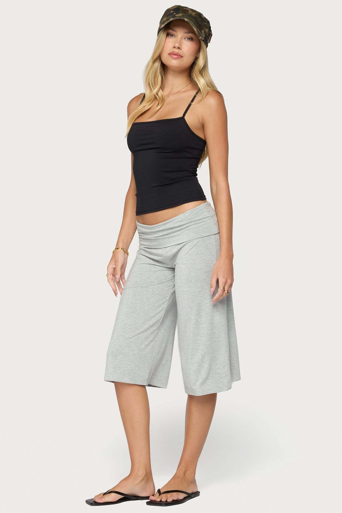 Shirly Wide Leg Foldover Capri Pants - GRAY-MELANGE
