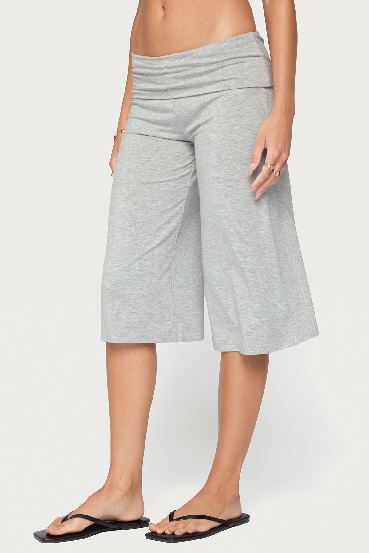 Shirly Wide Leg Foldover Capri Pants - GRAY-MELANGE