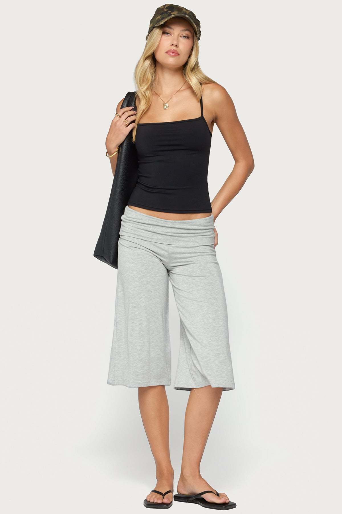 Shirly Wide Leg Foldover Capri Pants - GRAY-MELANGE