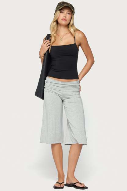Shirly Wide Leg Foldover Capri Pants - GRAY-MELANGE