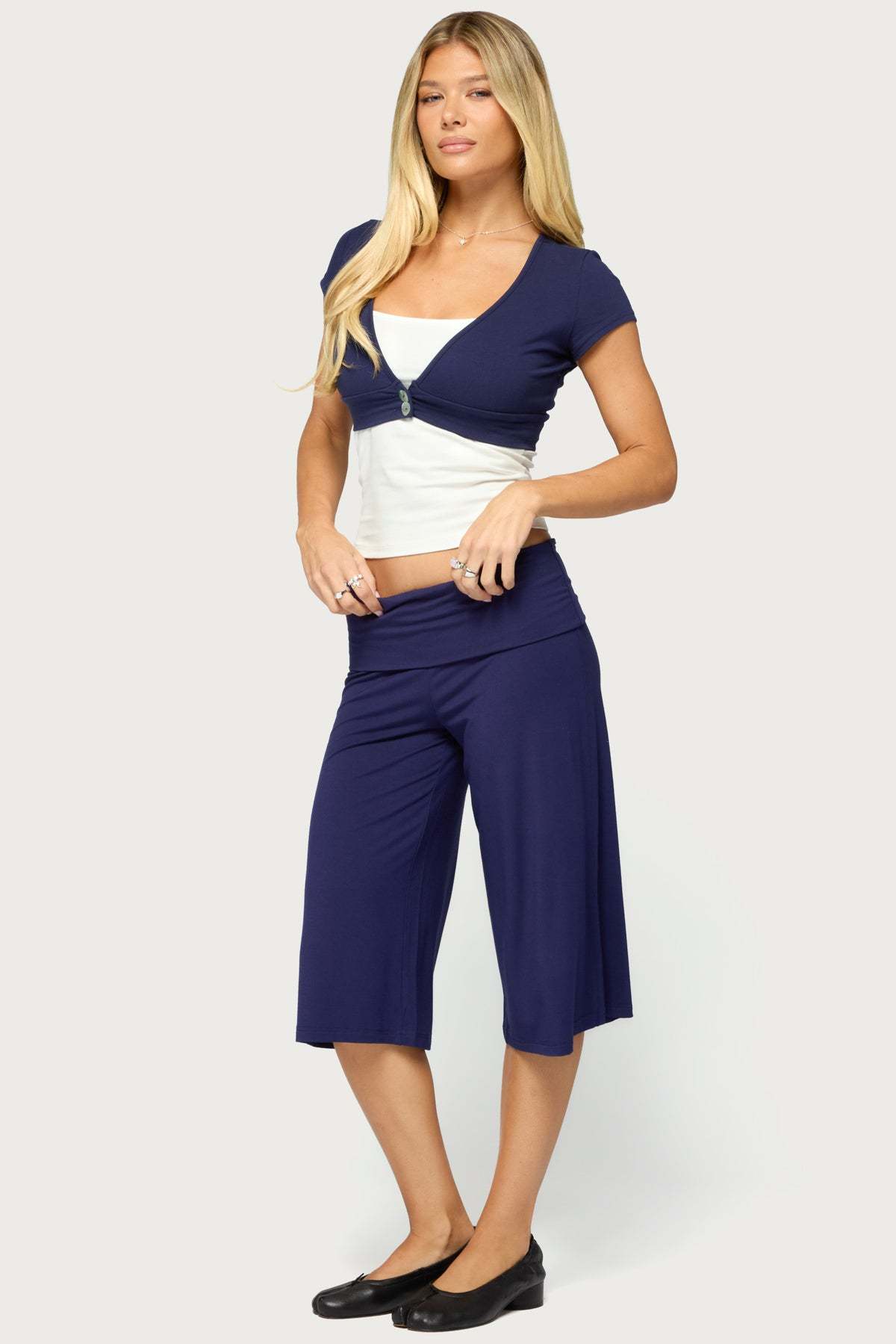 Shirly Wide Leg Foldover Capri Pants - NAVY
