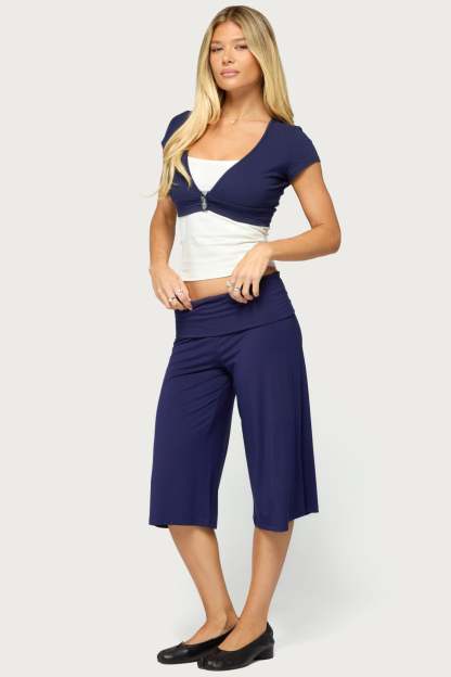 Shirly Wide Leg Foldover Capri Pants - NAVY