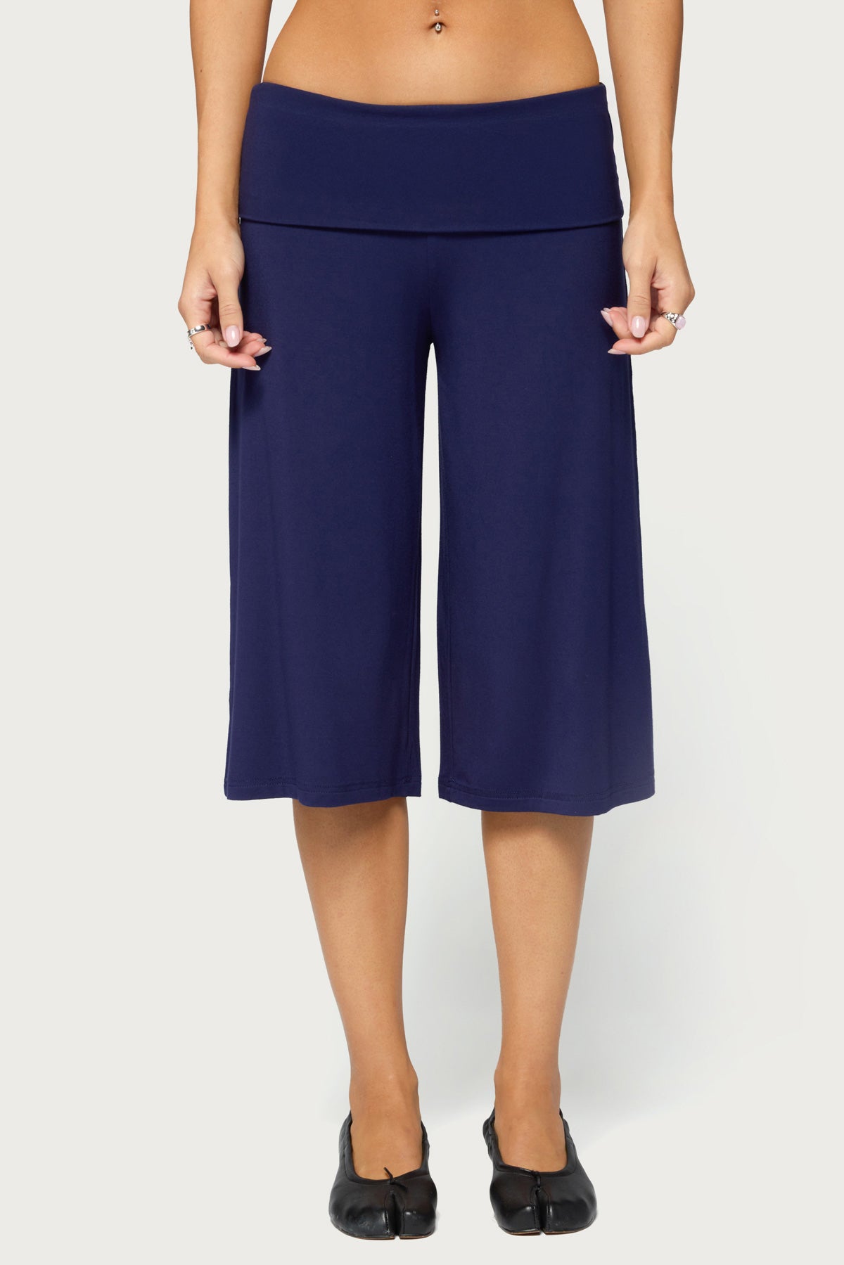 Shirly Wide Leg Foldover Capri Pants - NAVY