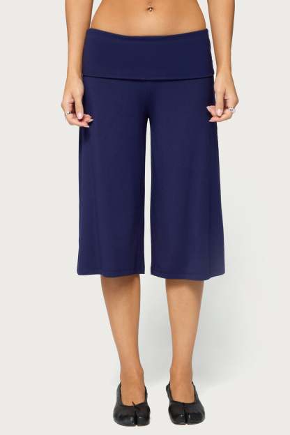 Shirly Wide Leg Foldover Capri Pants - NAVY