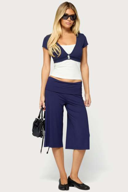Shirly Wide Leg Foldover Capri Pants - NAVY
