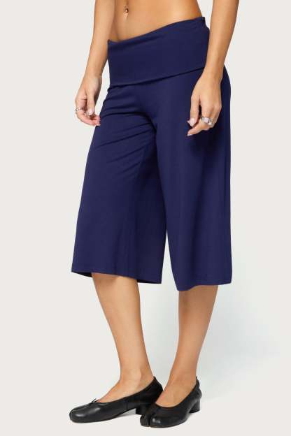 Shirly Wide Leg Foldover Capri Pants - NAVY