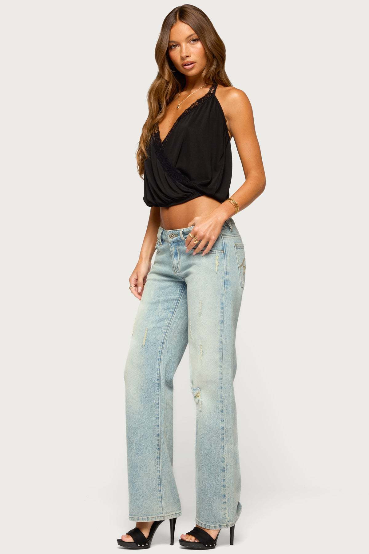Eilen Lacey Wrap Halter Top - BLACK