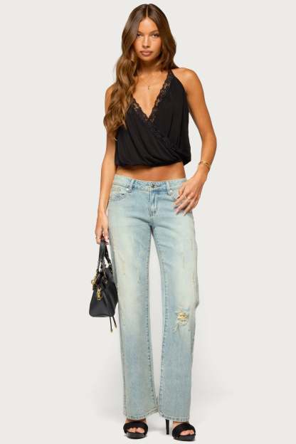 Eilen Lacey Wrap Halter Top - BLACK