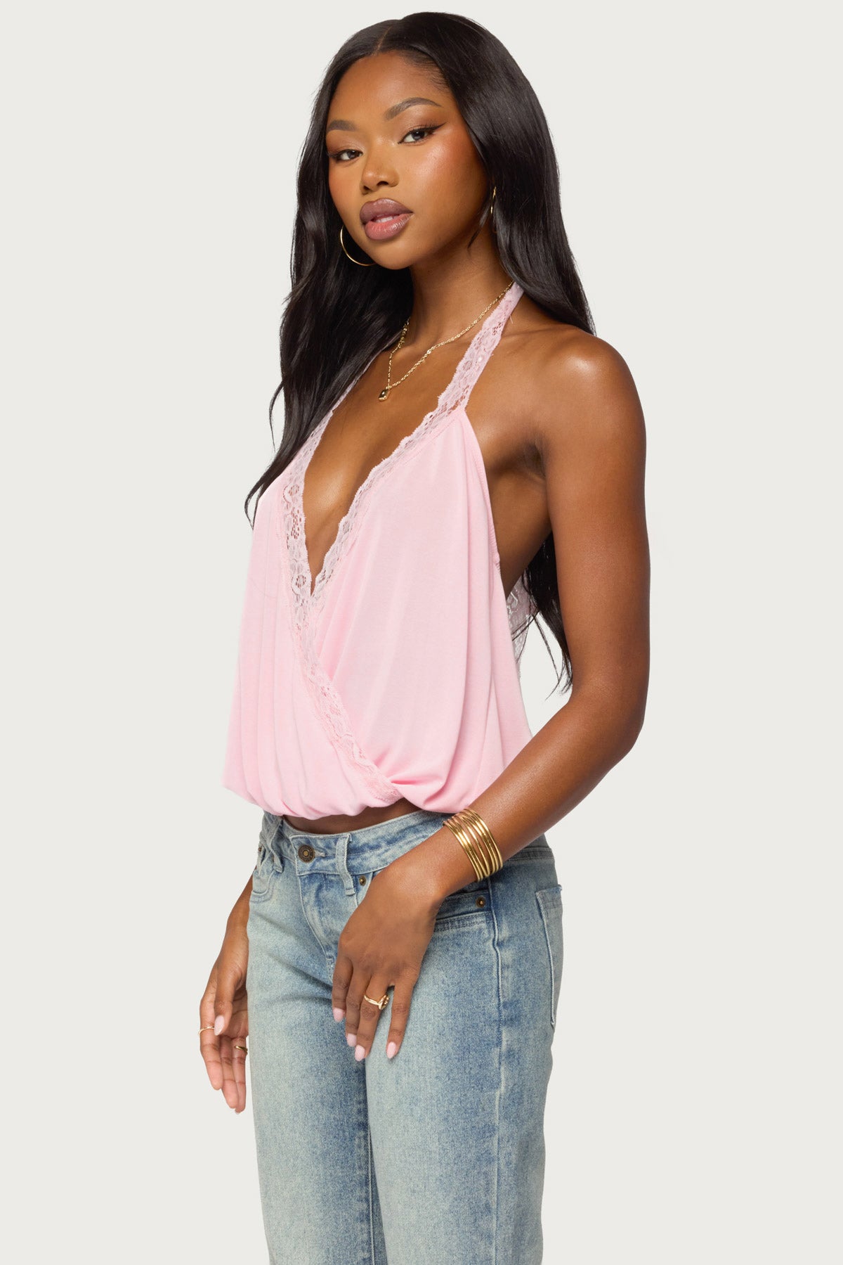 Eilen Lacey Wrap Halter Top - PINK