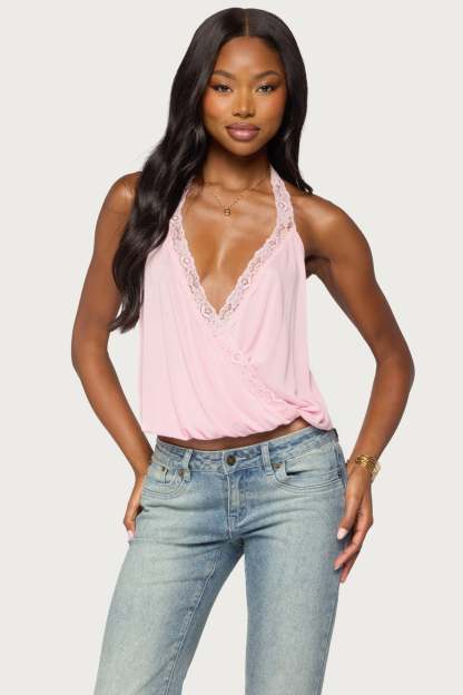 Eilen Lacey Wrap Halter Top - PINK