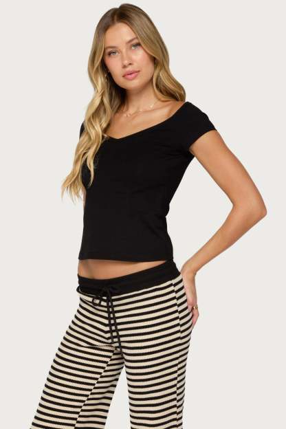 Calie Off Shoulder V Neck Top - BLACK