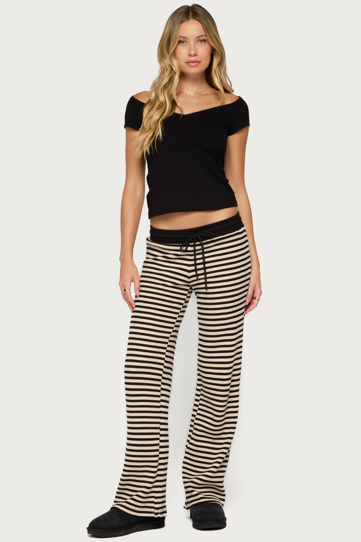 Calie Off Shoulder V Neck Top - BLACK