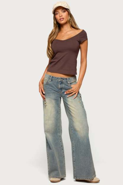 Calie Off Shoulder V Neck Top - BROWN