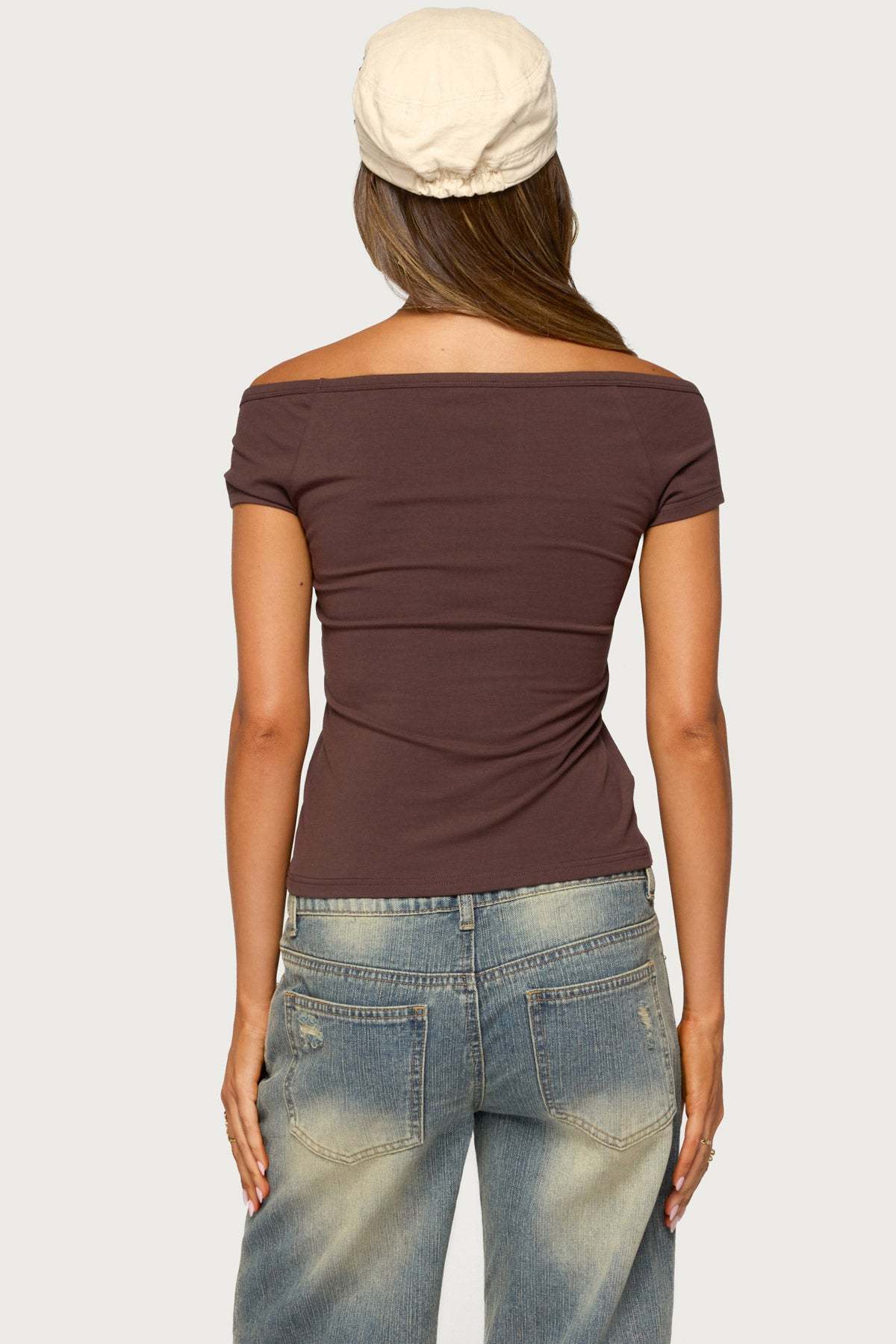 Calie Off Shoulder V Neck Top - BROWN