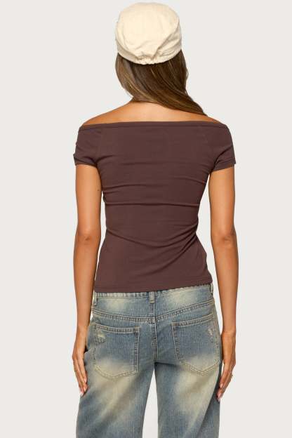 Calie Off Shoulder V Neck Top - BROWN