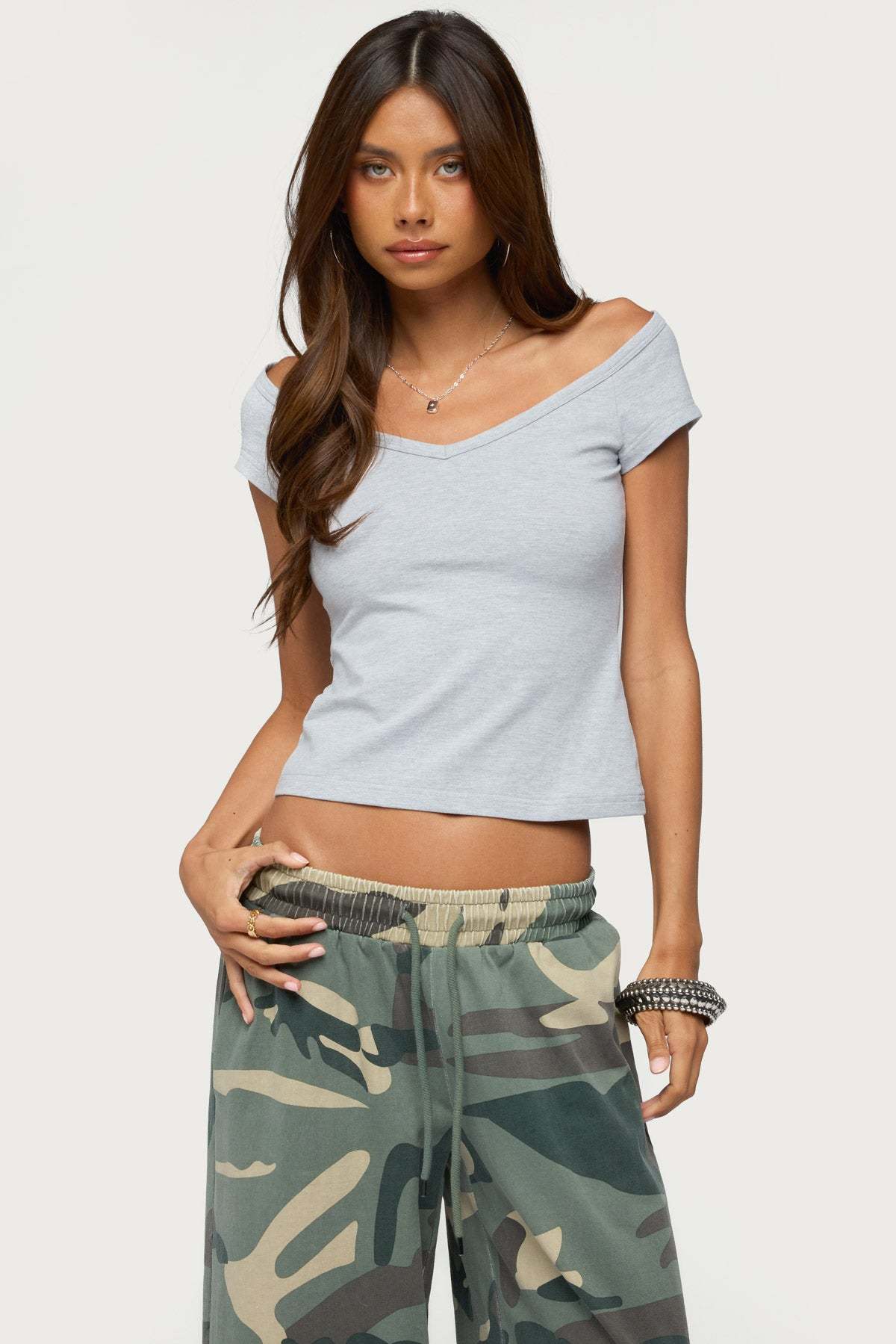 Calie Off Shoulder V Neck Top - GRAY-MELANGE