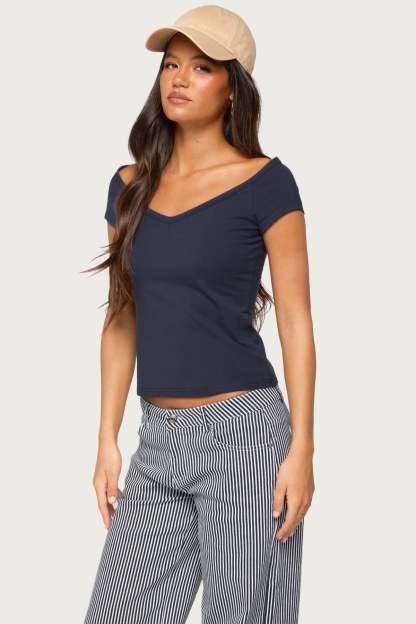 Calie Off Shoulder V Neck Top - NAVY