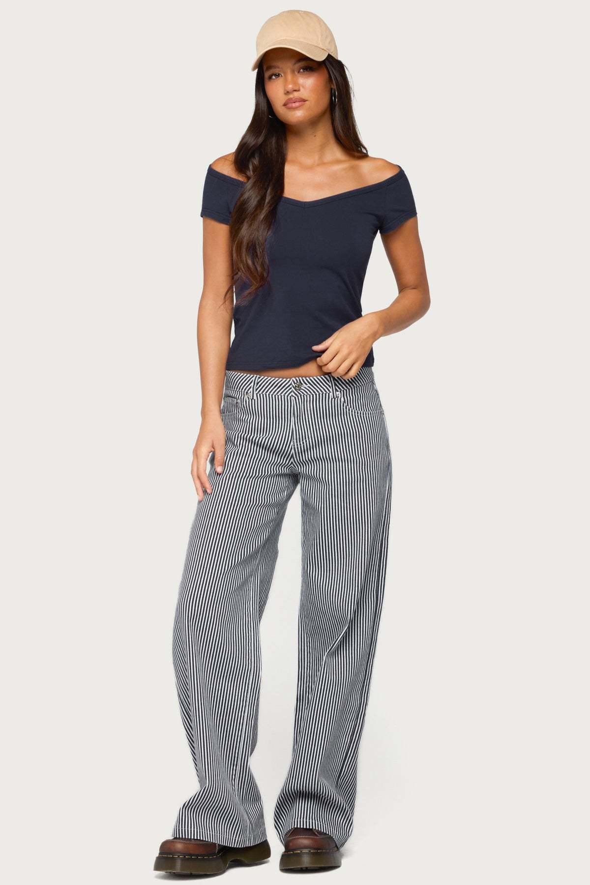 Calie Off Shoulder V Neck Top - NAVY