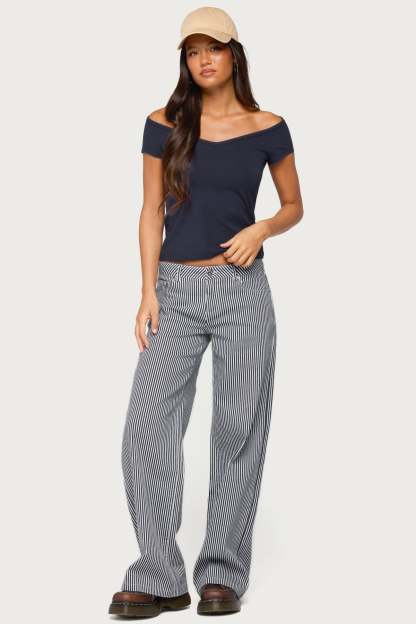 Calie Off Shoulder V Neck Top - NAVY