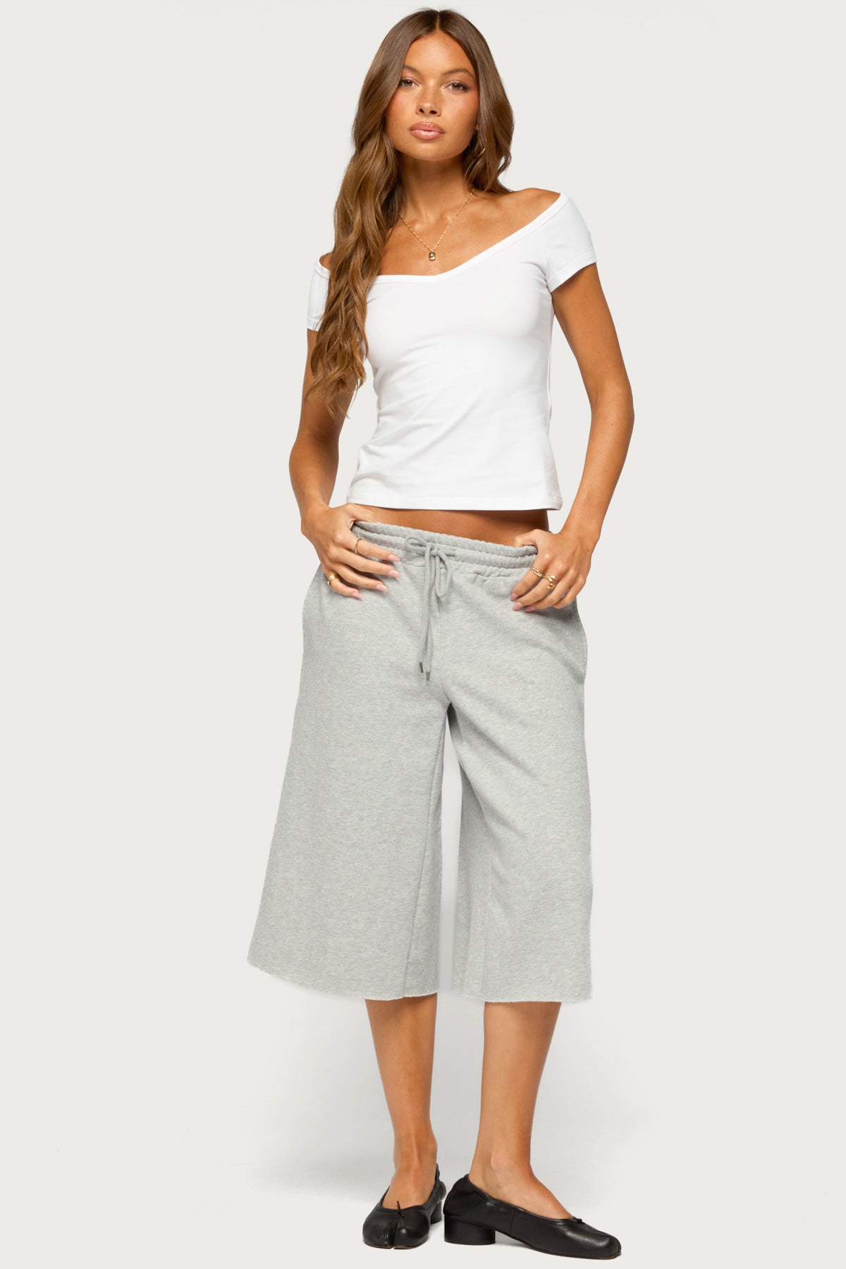 Calie Off Shoulder V Neck Top - WHITE
