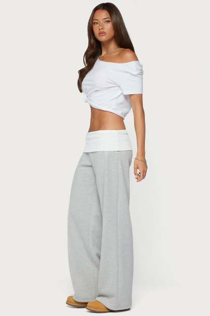 Idha Contrast Foldover Baggy Sweatpants - GRAY-MELANGE