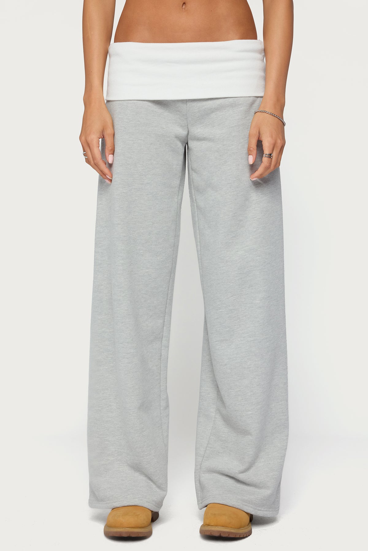 Idha Contrast Foldover Baggy Sweatpants - GRAY-MELANGE