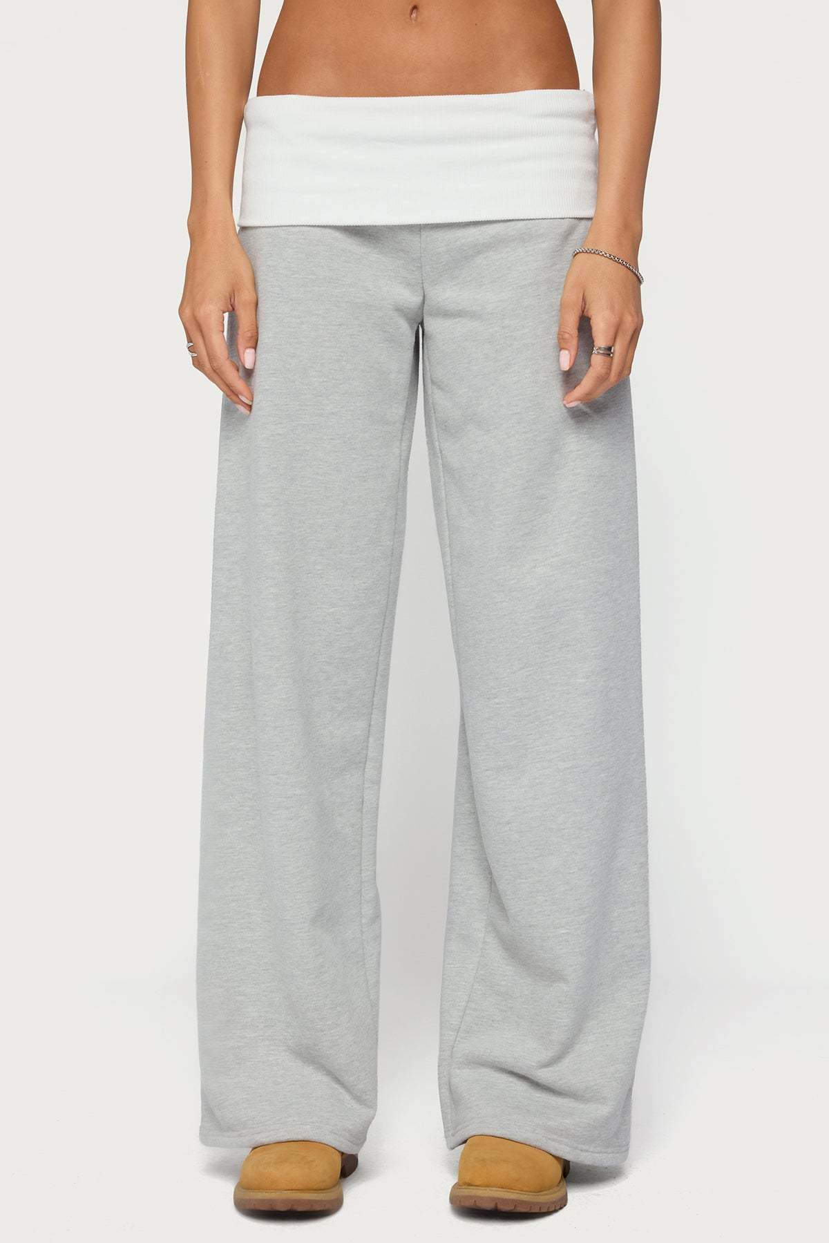 Idha Contrast Foldover Baggy Sweatpants - GRAY-MELANGE