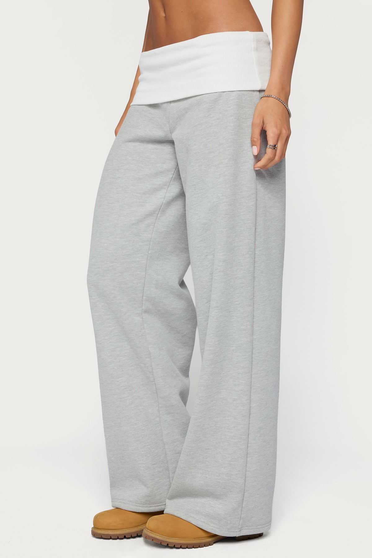 Idha Contrast Foldover Baggy Sweatpants - GRAY-MELANGE