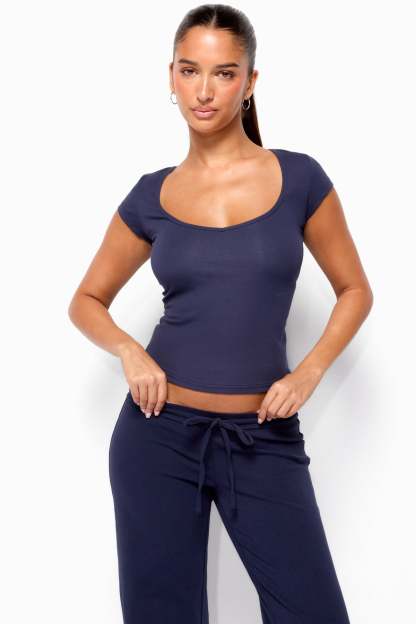 Chari Ribbed Scoop Neck T Shirt - NAVY