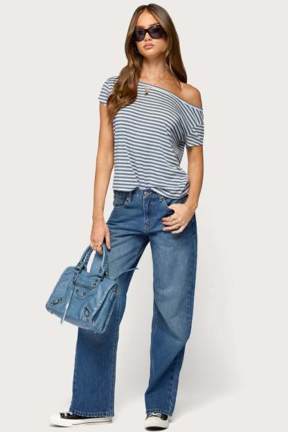 Chanelle Off Shoulder Striped Top - BLUE