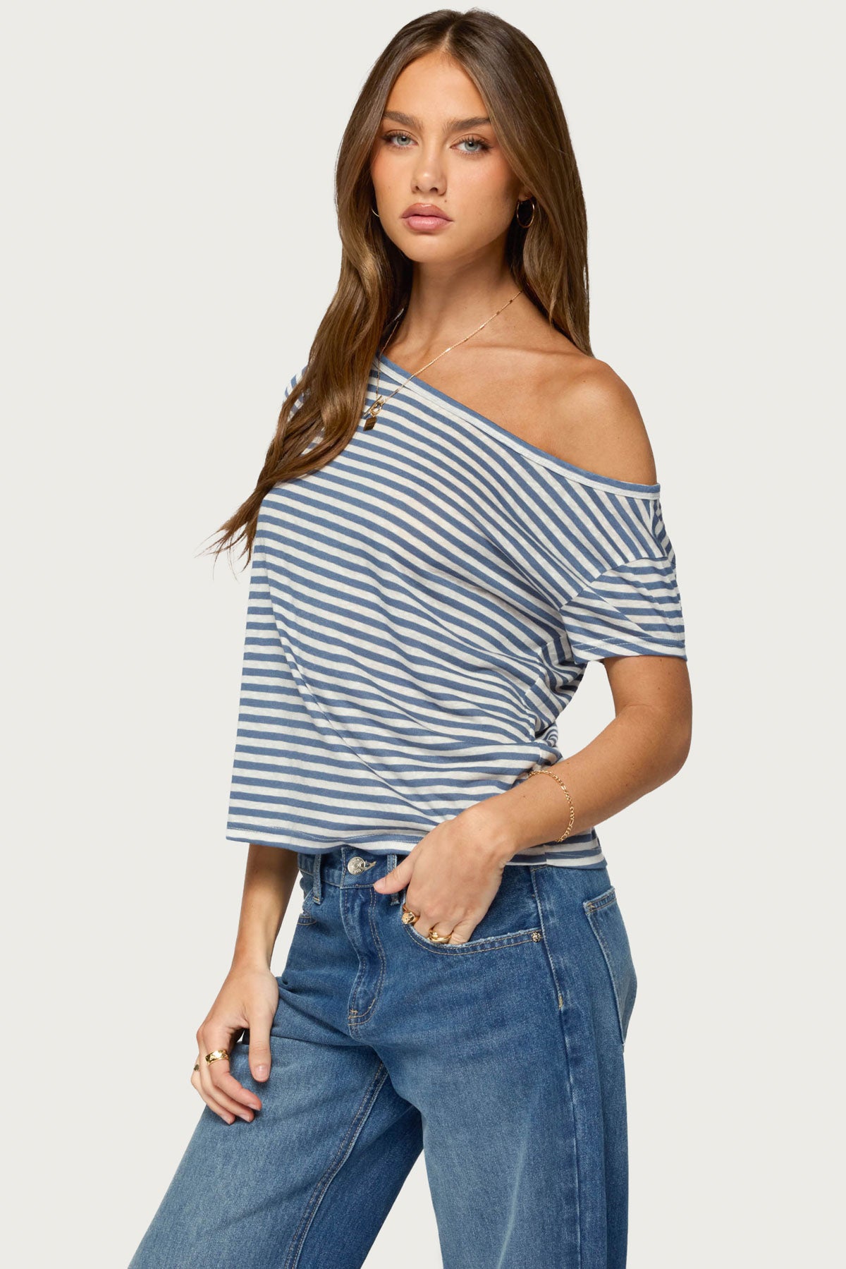 Chanelle Off Shoulder Striped Top - BLUE