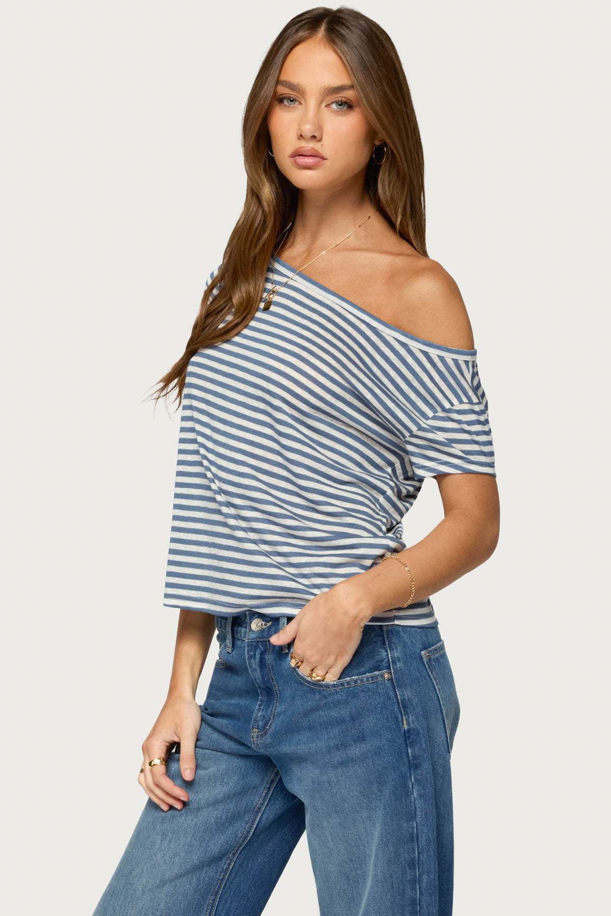 Chanelle Off Shoulder Striped Top - BLUE