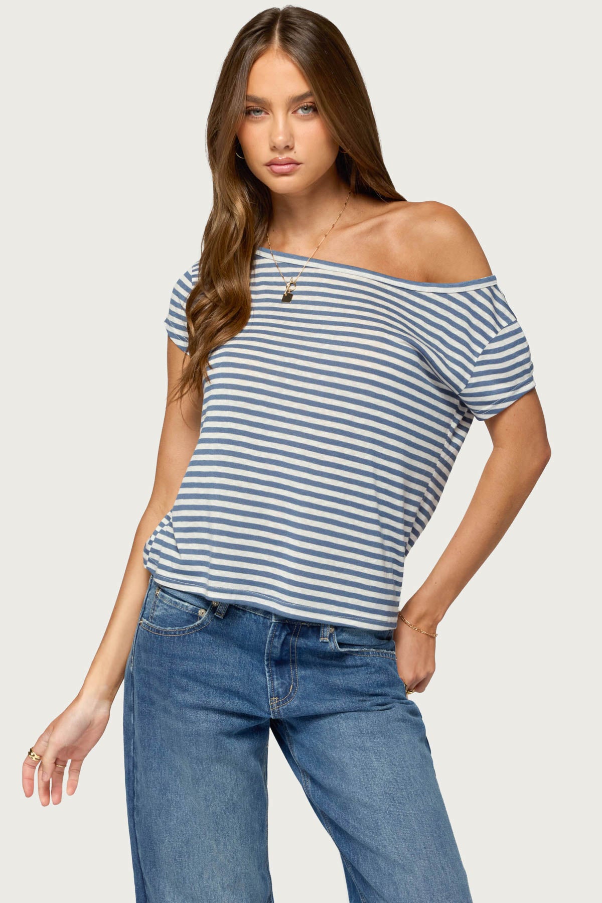 Chanelle Off Shoulder Striped Top - BLUE