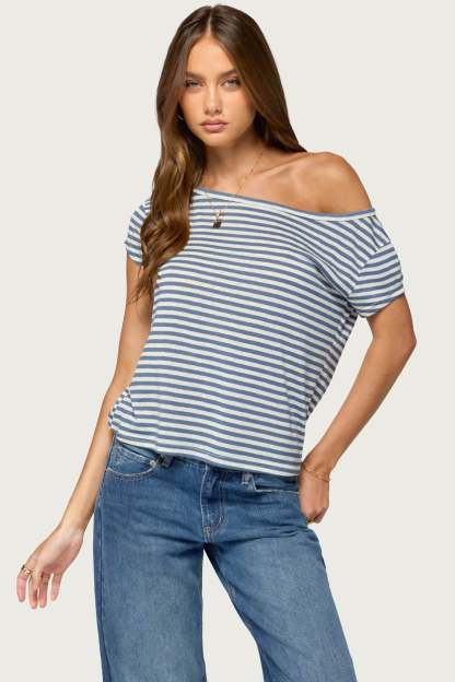 Chanelle Off Shoulder Striped Top - BLUE
