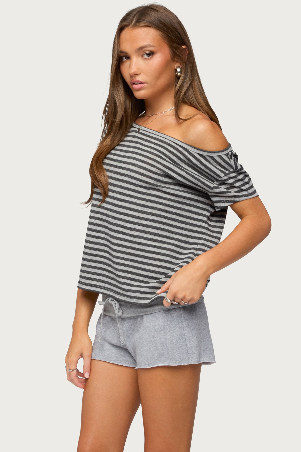 Chanelle Off Shoulder Striped Top - GRAY-MELANGE