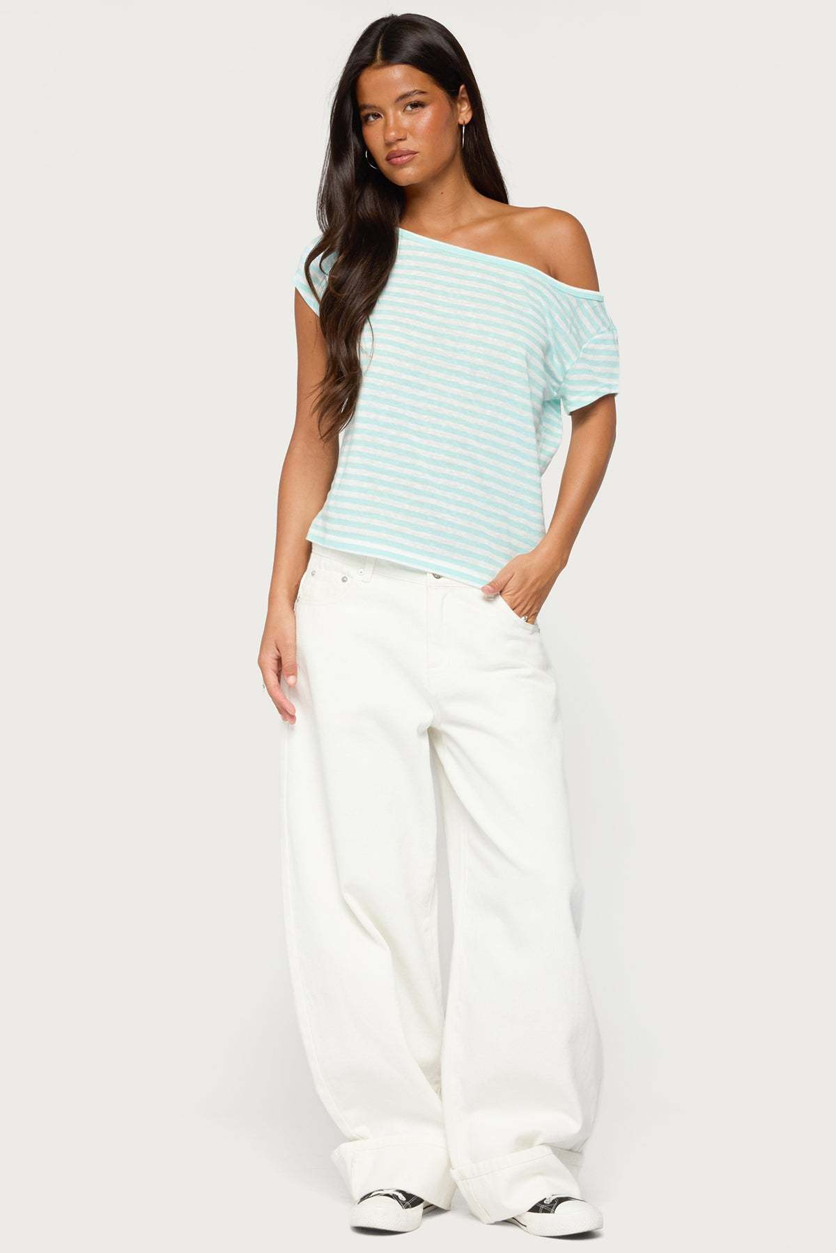 Chanelle Off Shoulder Striped Top - TURQUOISE