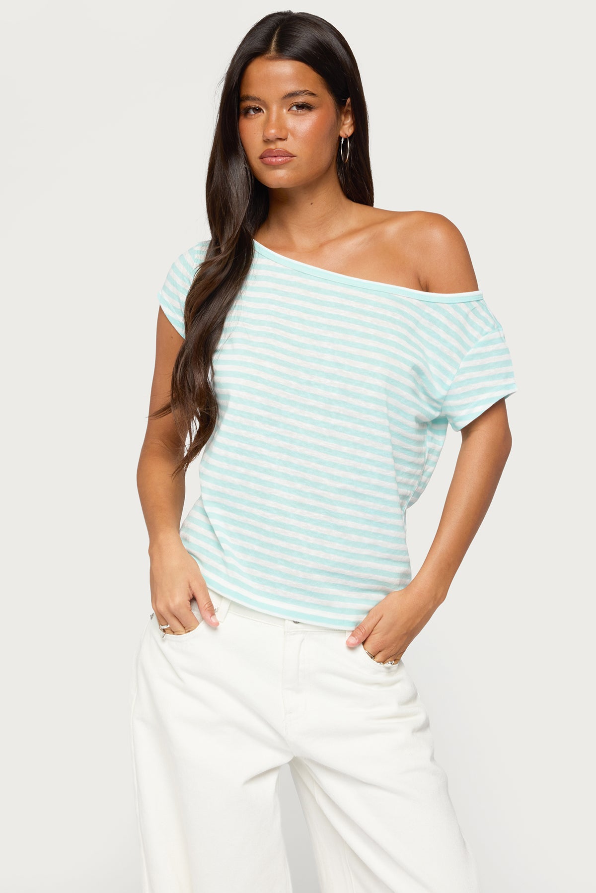 Chanelle Off Shoulder Striped Top - TURQUOISE