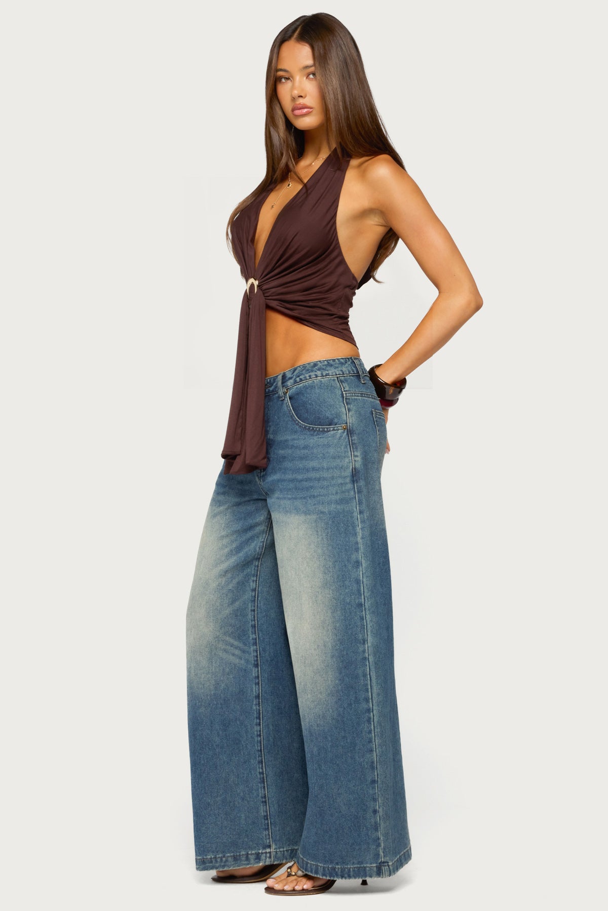 Dixi Buckle Draped Plunge Neck Top - BROWN