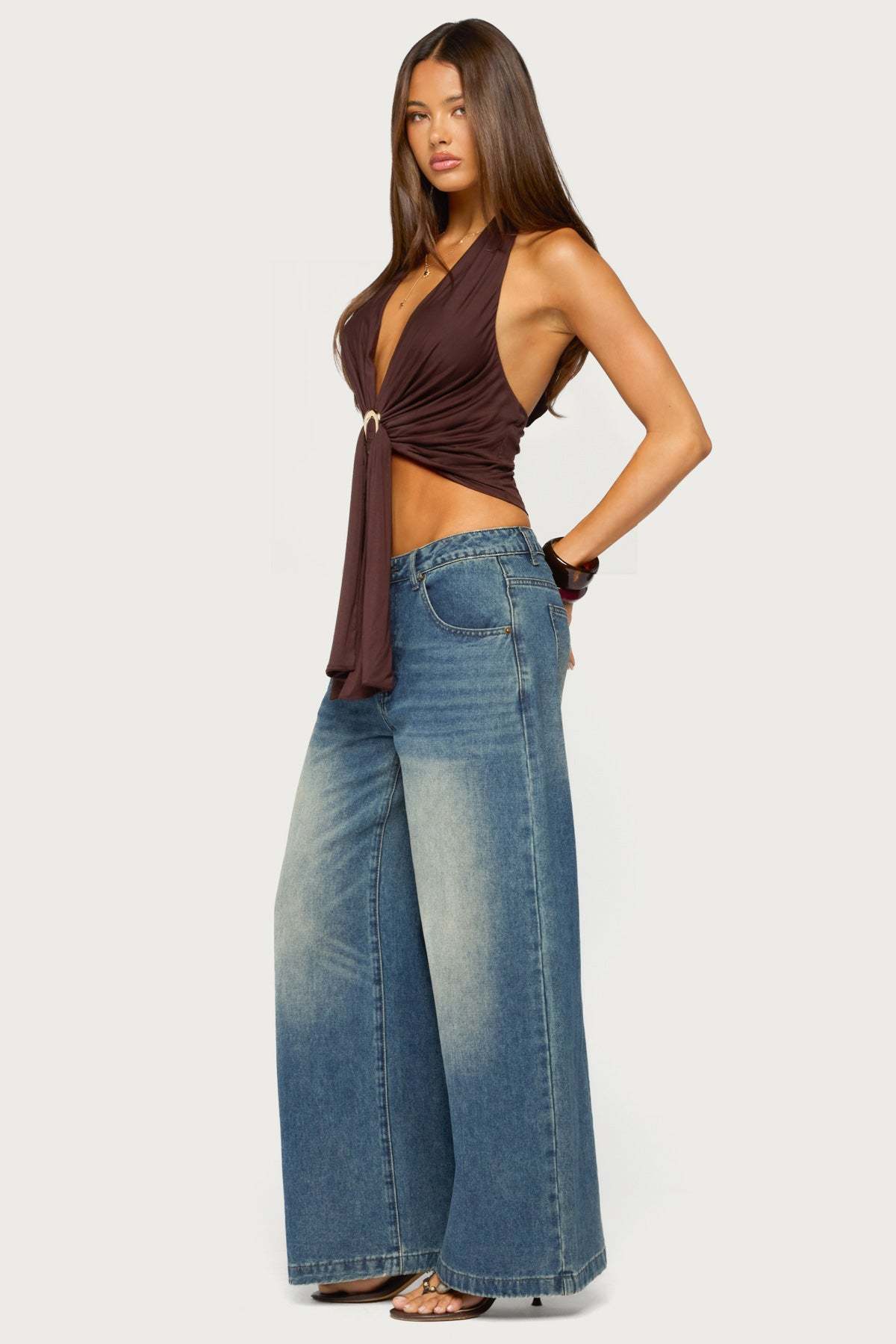 Dixi Buckle Draped Plunge Neck Top - BROWN