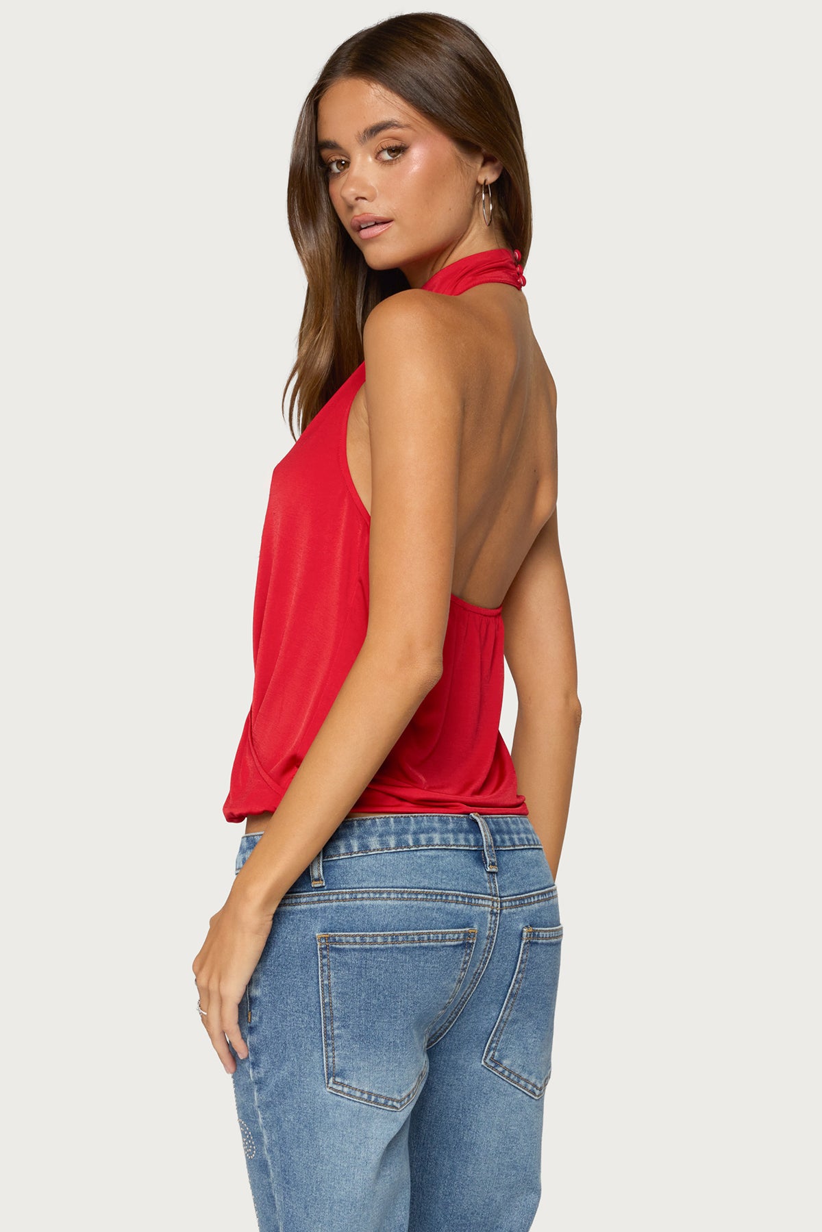 Lizah High Neck Cutout Wrap Top - RED