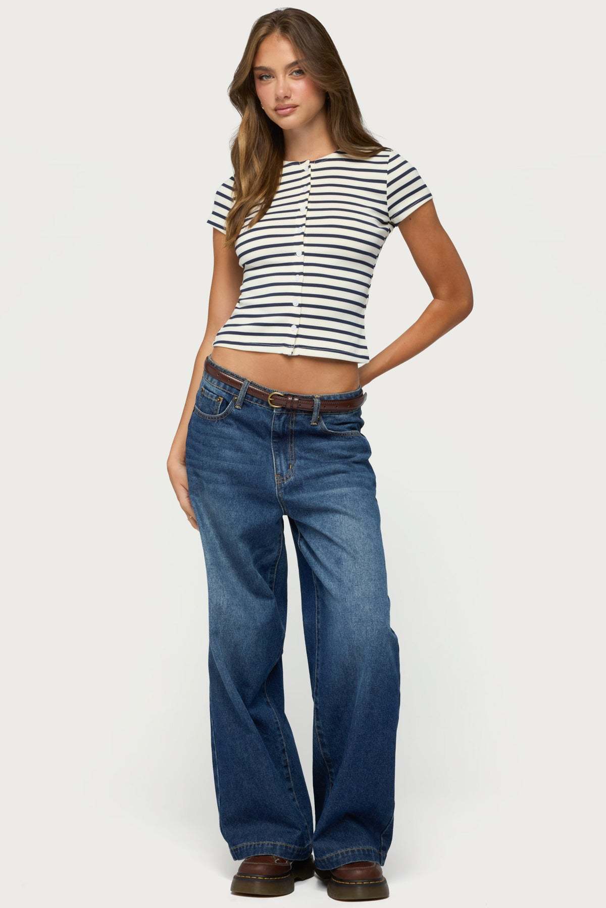 Bonita Striped Button Up Top - CREAM-AND-NAVY