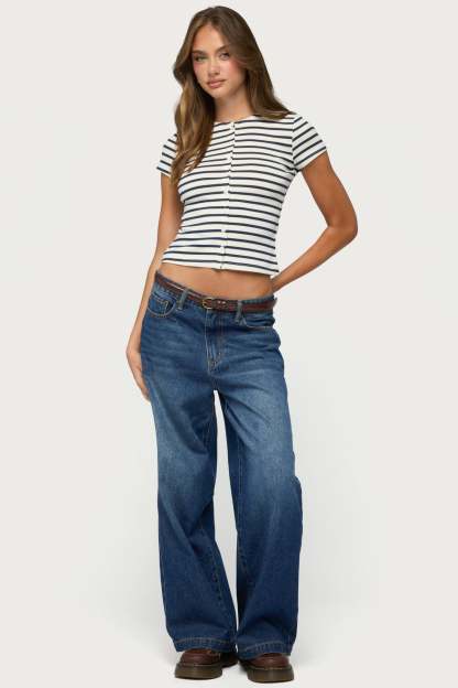 Bonita Striped Button Up Top - CREAM-AND-NAVY