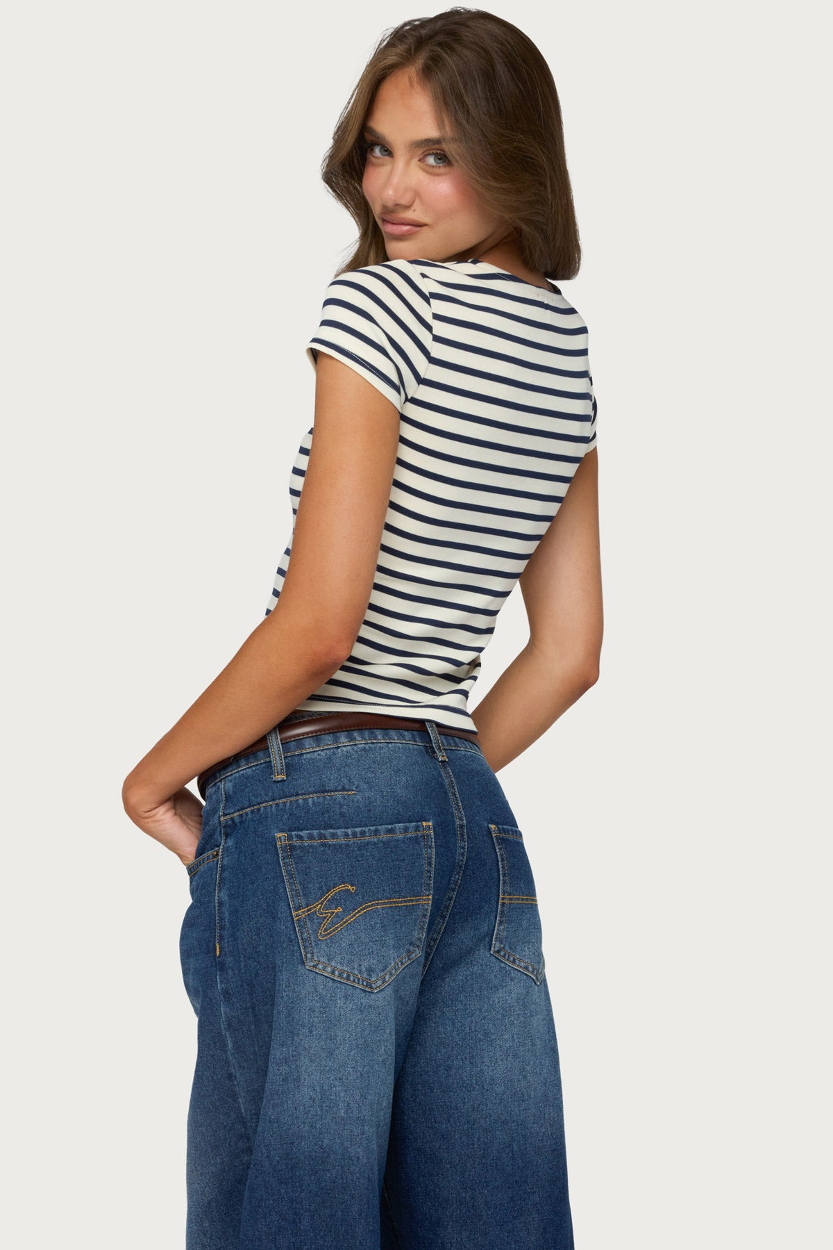 Bonita Striped Button Up Top - CREAM-AND-NAVY