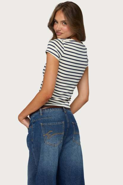 Bonita Striped Button Up Top - CREAM-AND-NAVY